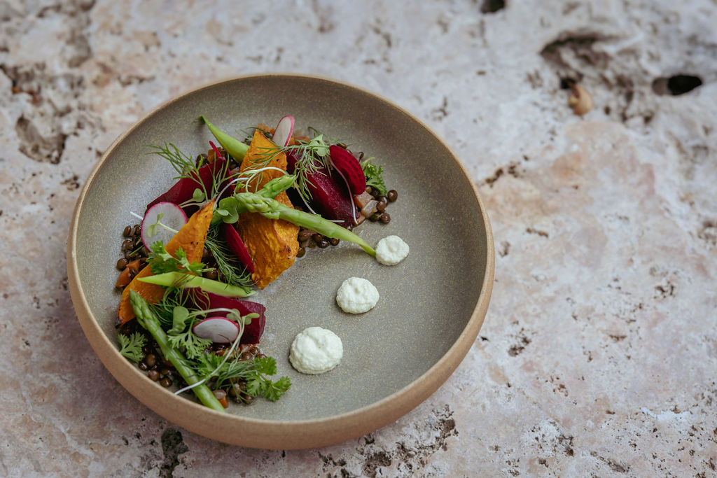 Farm-to-table plated dish served at a luxury retreat in Bali.