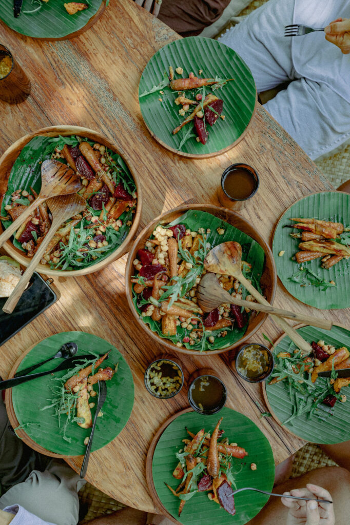 Farm-to-table green salad bowls served at a Bali retreat.