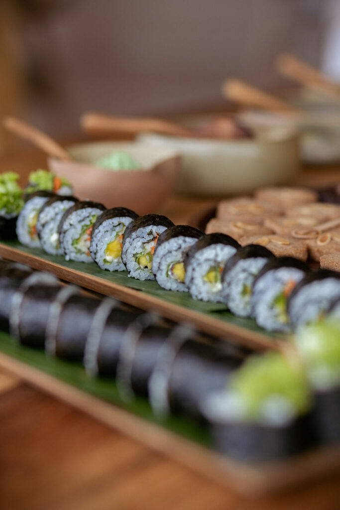 Farm-to-table sushi plate served at a luxury retreat in Bali.